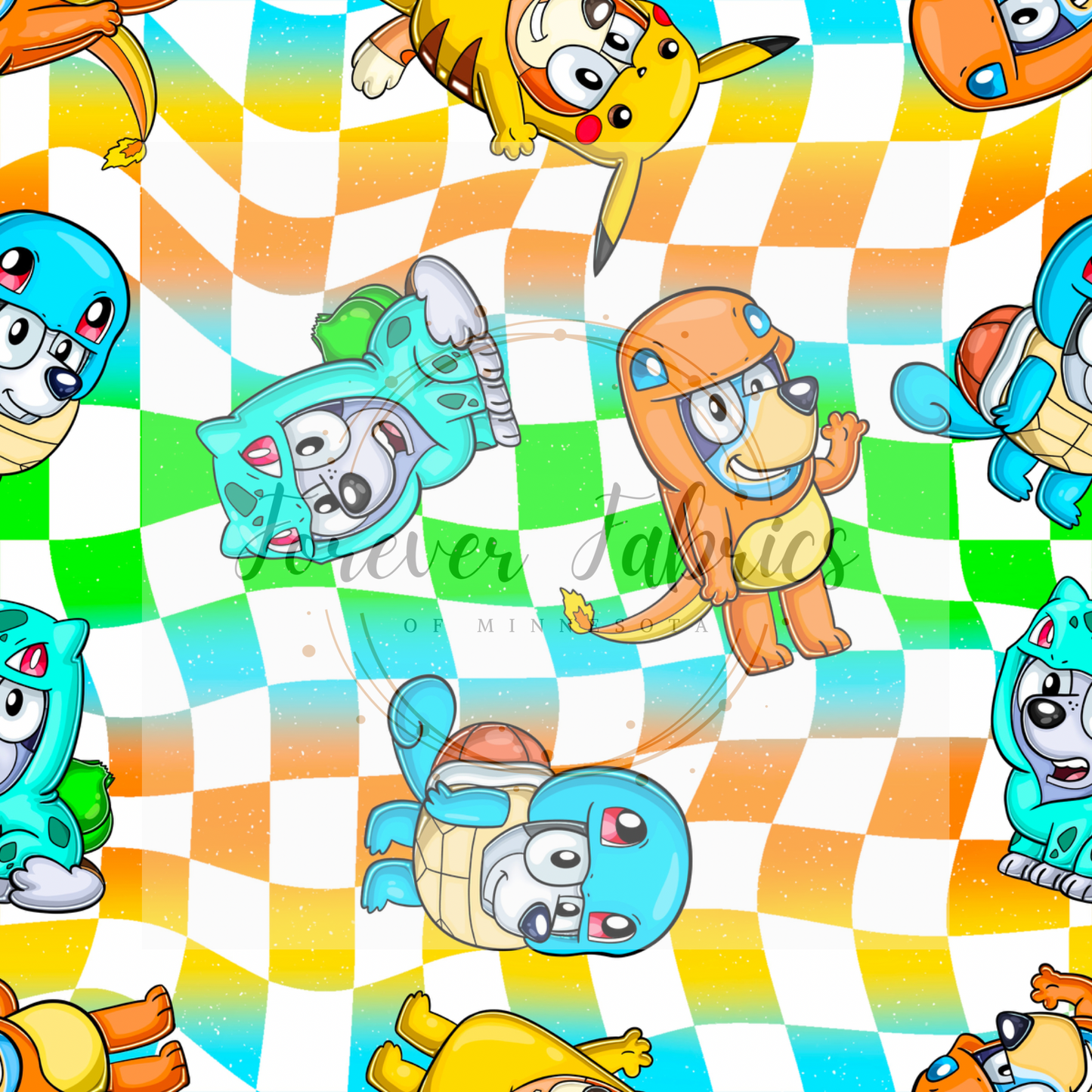 Blue Dog Pokemon Checkered . (BH/ 24)| Preorder | Fabric By The Yard