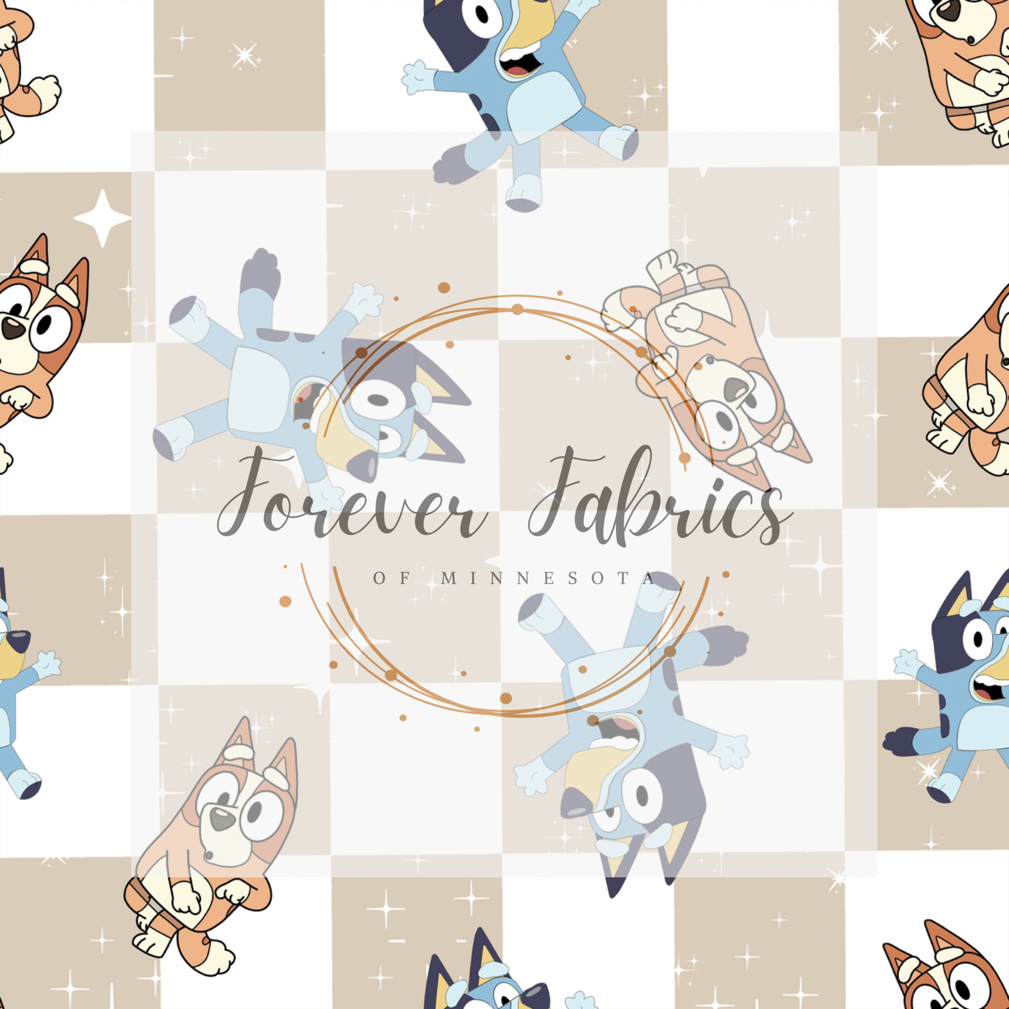 Blue Dog Checkered Tan . (BH/ 23). | Preorder | Fabric By The Yard