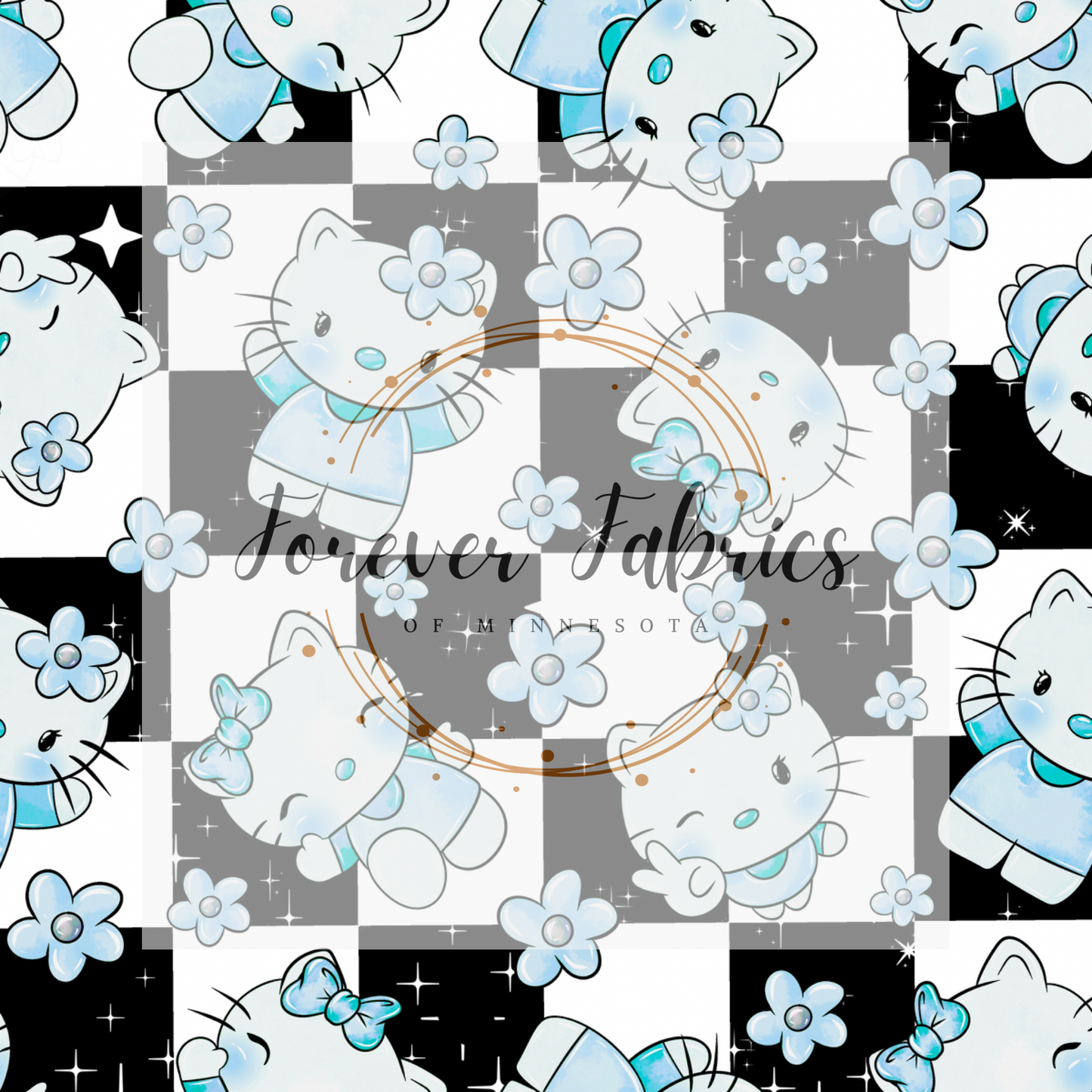 Blue Black Pink Kitty . (BH/ 23). | Preorder | Fabric By The Yard