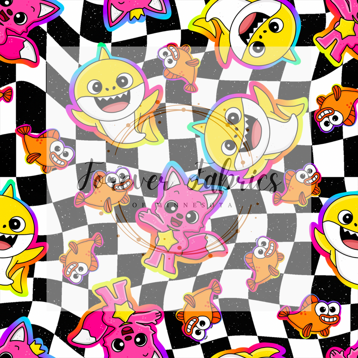 Baby Shark Rainbow Checkered . . . . (BH/ 24)| Preorder | Fabric By The Yard