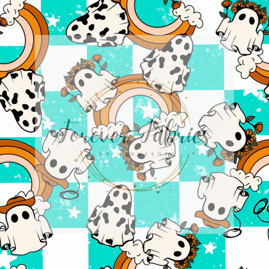 Cowboy Ghosts Teal Check . . . (BH/ 22) | Preorder | Fabric By The Yard