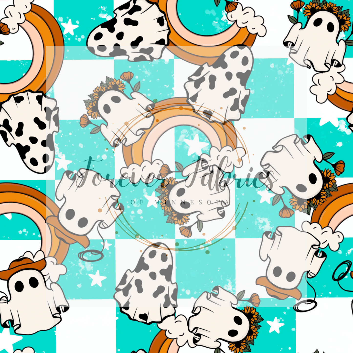 Cowboy Ghosts Teal Check . . . (BH/ 22) | Preorder | Fabric By The Yard