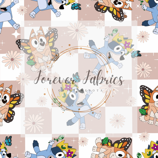 Blue Dog Checkered Tan . (BH/ 23). | Preorder | Fabric By The Yard