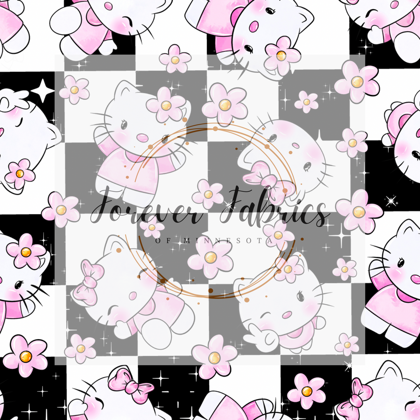Black Checkered Pink Kitty . (BH/ 23). | Preorder | Fabric By The Yard