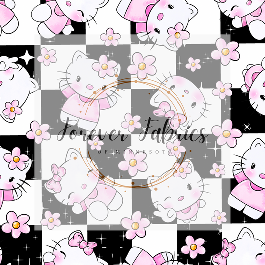 Black Checkered Pink Kitty . (BH/ 23). | Preorder | Fabric By The Yard
