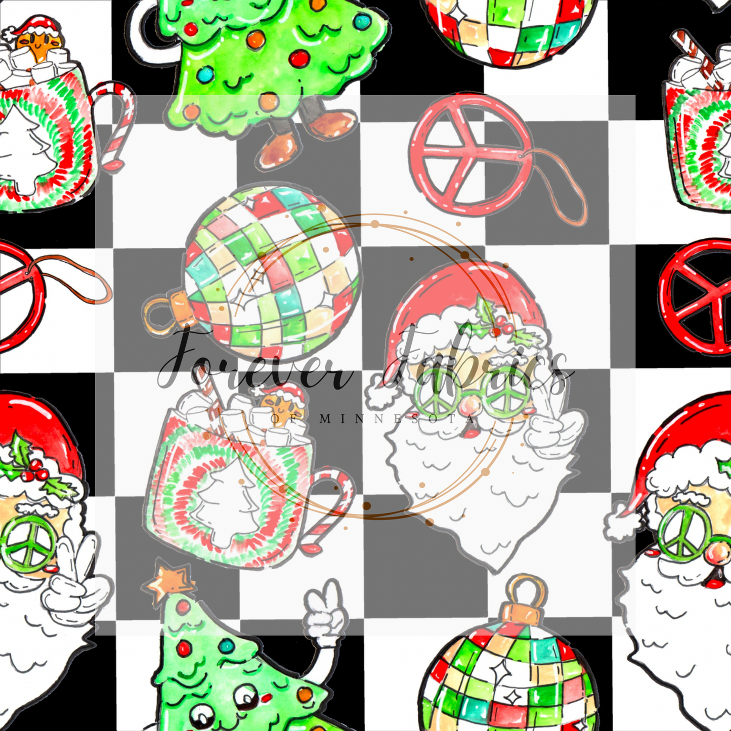 Peace Santa Black Check . . . . . . . (BH/ 23). | Preorder | Fabric By The Yard
