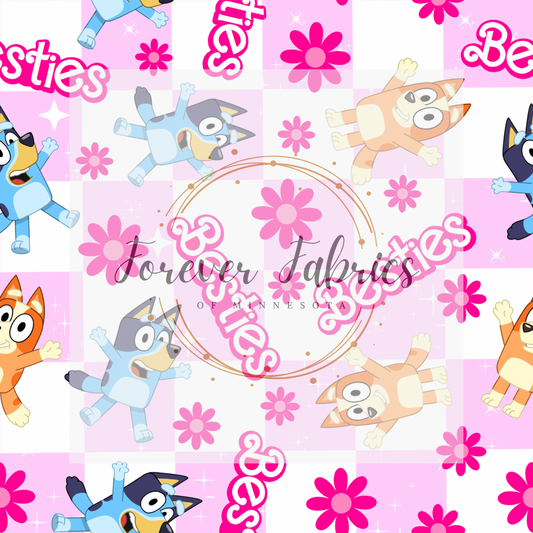 Blue Dog Bestie Pink Checkered . (BH/ 23). | Preorder | Fabric By The Yard