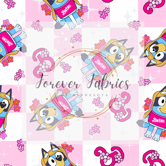 Blue Dog Bestie Pink Doll Check . (BH/ 23). | Preorder | Fabric By The Yard