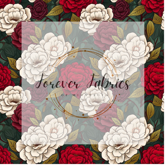 Green Red Burgundy Floral . (BH/ 23). | Preorder | Fabric By The Yard