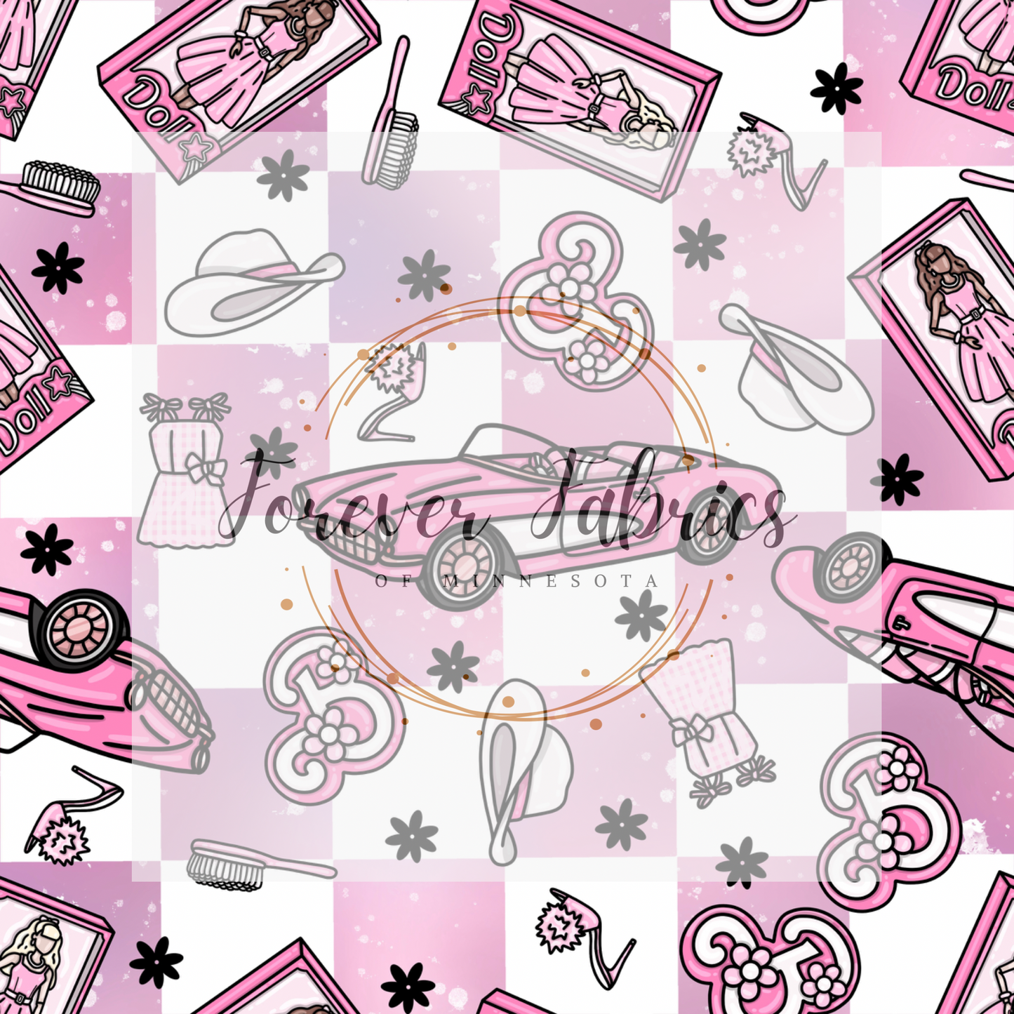Pink Doll Car Check . (BH/ 23). | Preorder | Fabric By The Yard