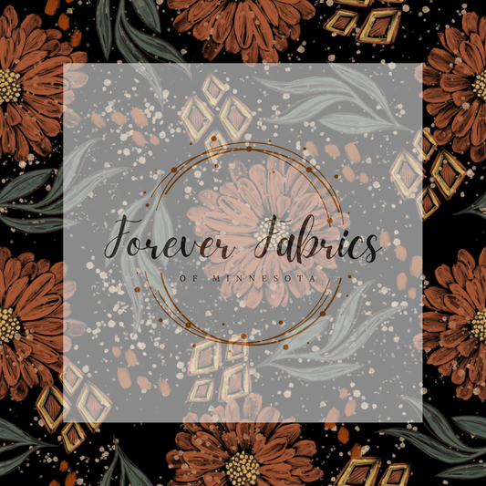 Boho Floral Black . (BH/ 23). | Preorder | Fabric By The Yard