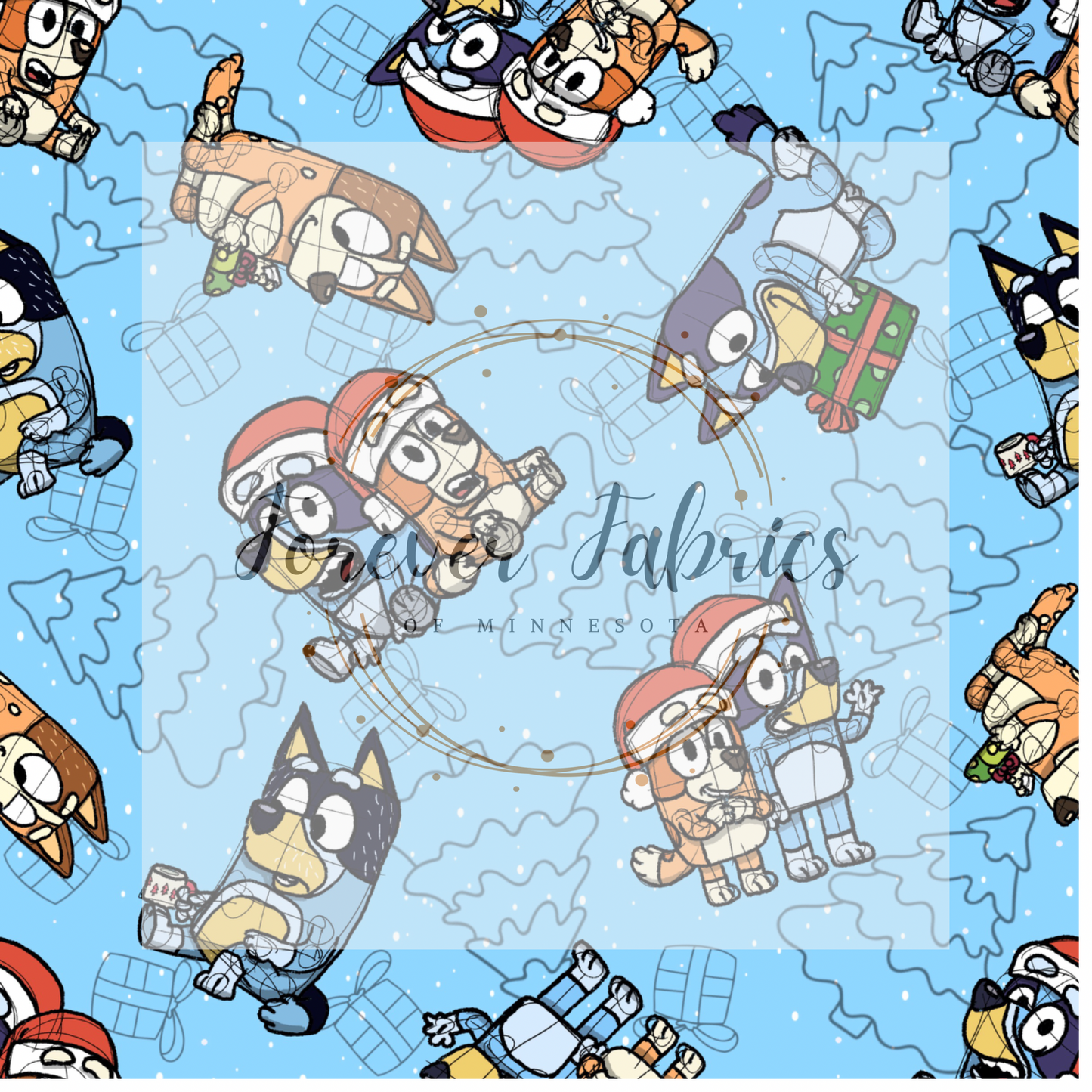 Blue dog and Christmas trees | Preorder | Fabric By The Yard