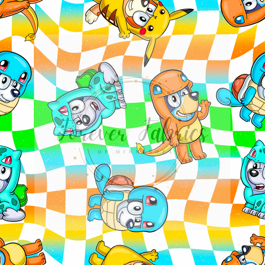 Blue Dog Pokemon Checkered    . (BH/ 24)| Preorder | Fabric By The Yard