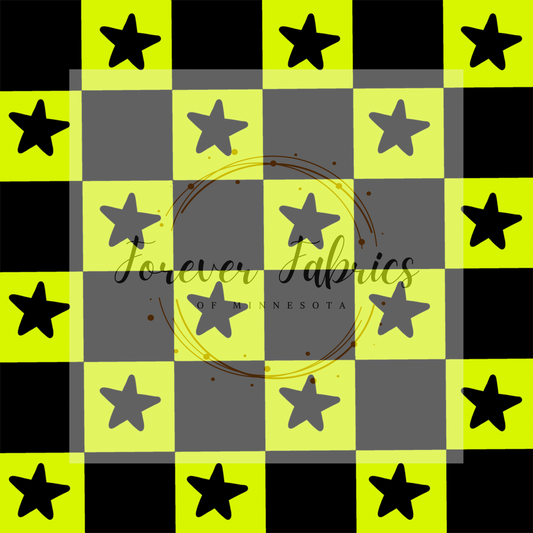 Neon Green Checker  Stars    . (BH/ 23) | Preorder | Fabric By The Yard