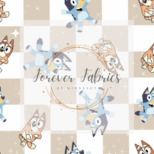 Blue Dog Checkered Tan   . (BH/ 23). | Preorder | Fabric By The Yard