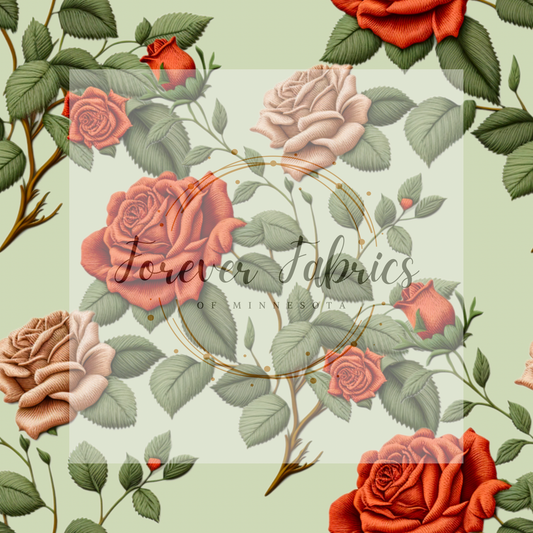 Roses Sage  Embroidery . (BH/ 23). | Preorder | Fabric By The Yard