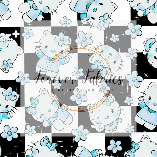 Blue Black Pink Kitty . (BH/ 23). | Preorder | Fabric By The Yard