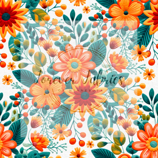 Teal Orange  Embroidery . (BH/ 23). | Preorder | Fabric By The Yard