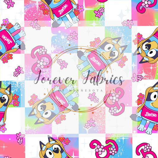 Blue Dog Bestie Pink Doll Skate Checkered . (BH/ 23). | Preorder | Fabric By The Yard