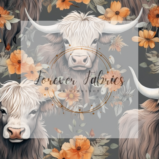 Gray Floral Highland Cow     .  .  . . . .   . .  (BH/ 23). | Preorder | Fabric By The Yard
