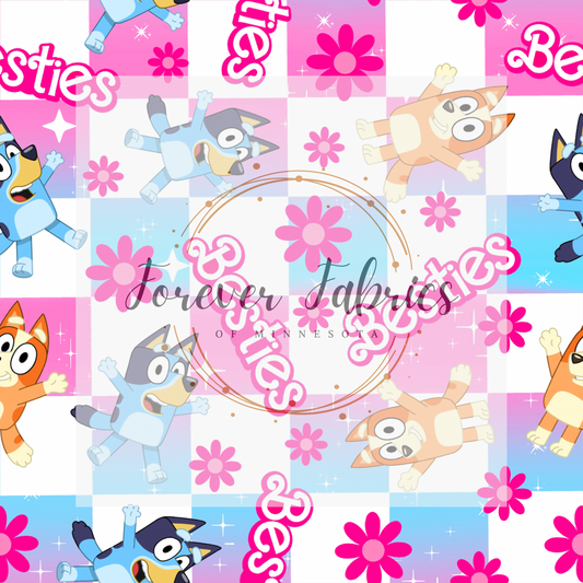 Besties Blue Dog Pink Doll Multi Check      . (BH/ 23). | Preorder | Fabric By The Yard