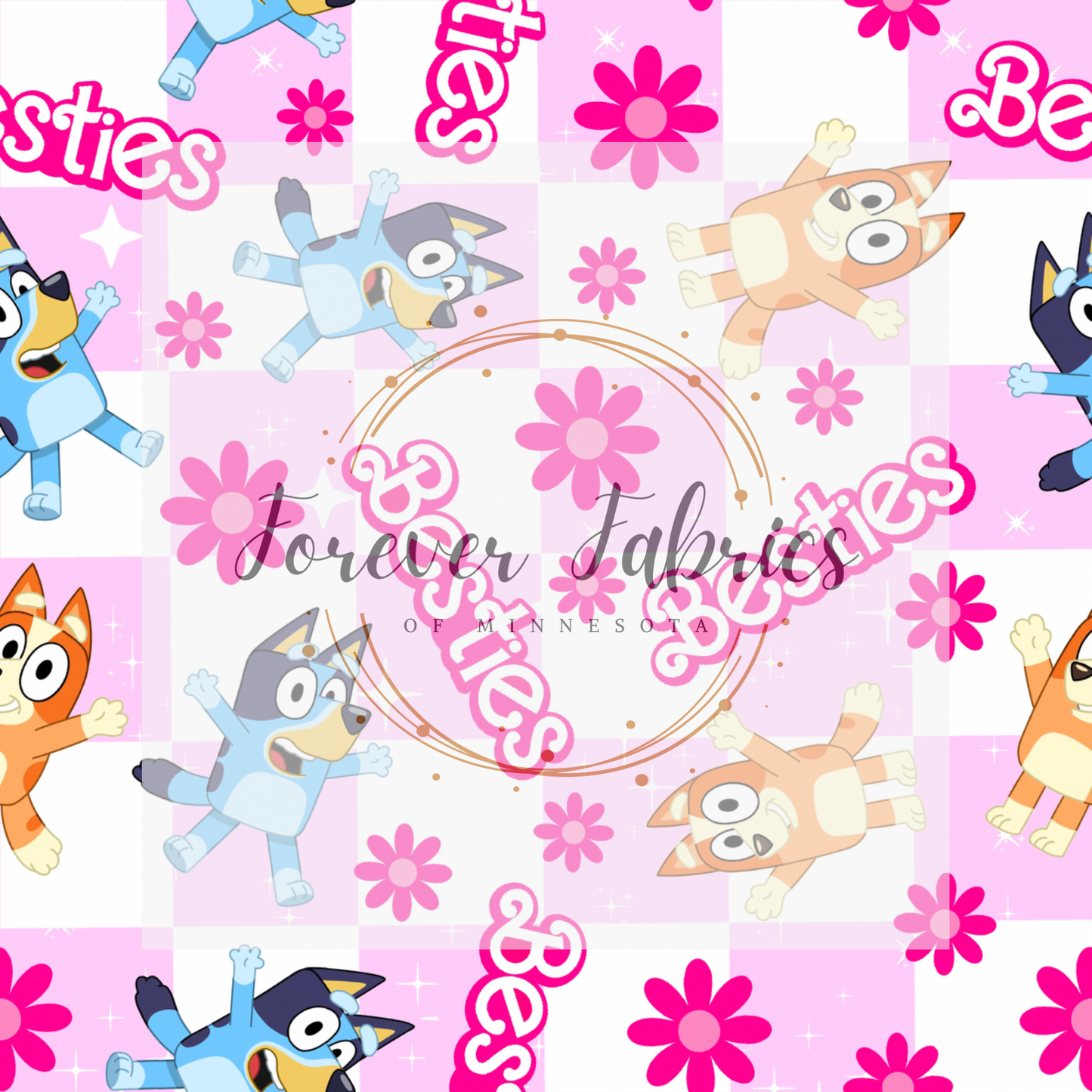 Blue Dog Bestie Pink Checkered . (BH/ 23). | Preorder | Fabric By The Yard