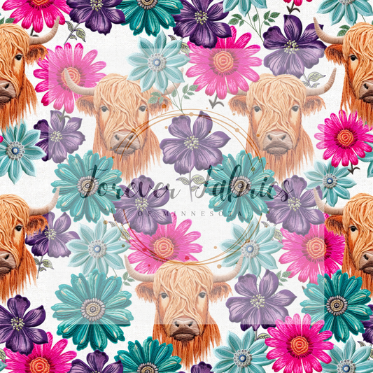 Highland Cow Embroidered(BH/ 23). | Preorder | Fabric By The Yard