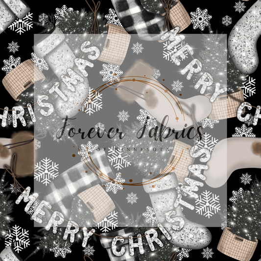 Christmas stockings on black 13 people |Preorder | Fabric By The Yard